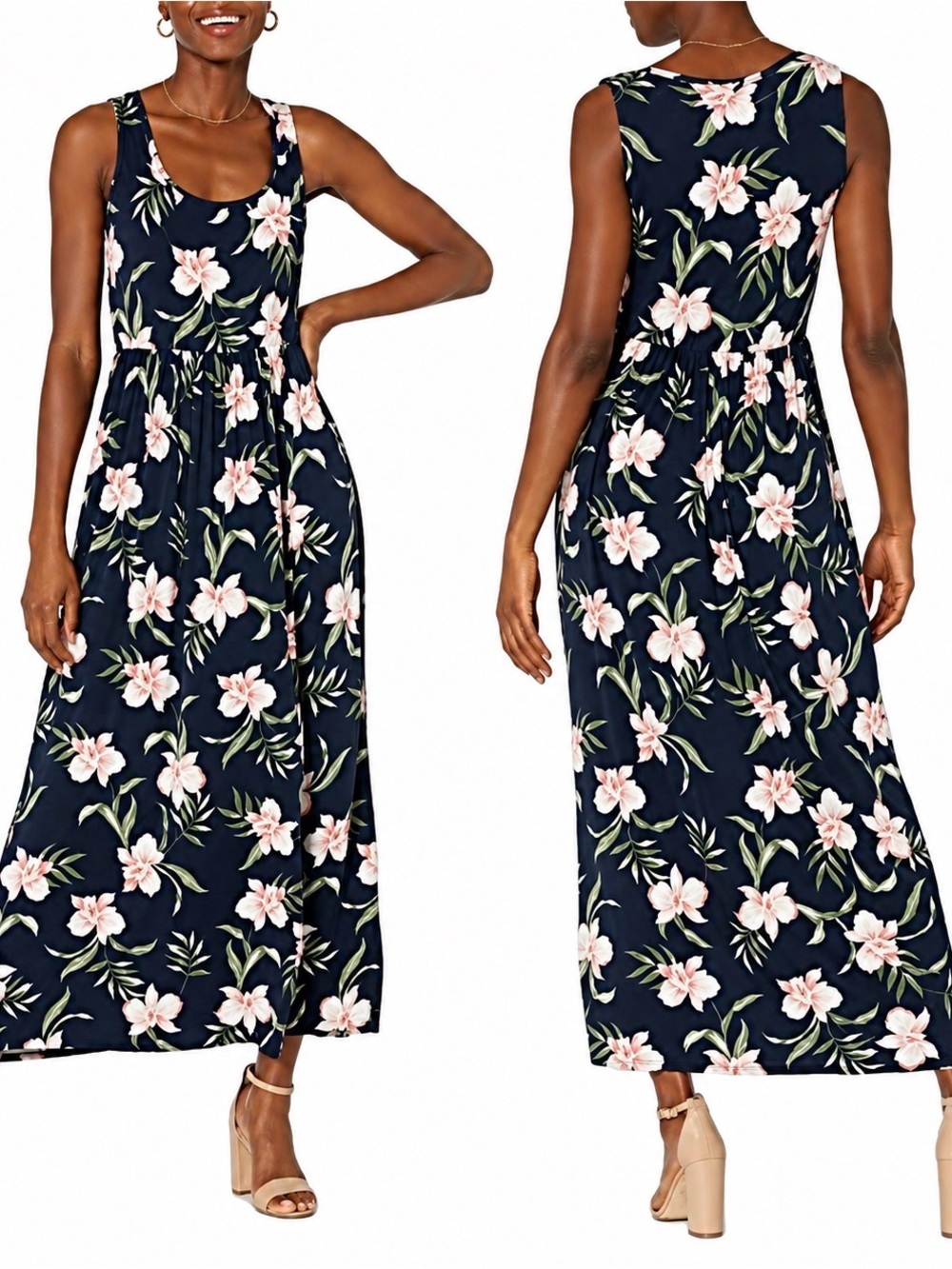 NWT Amazon Essentials Sleeveless Navy Pink Floral Jersey Maxi Dress Sz L